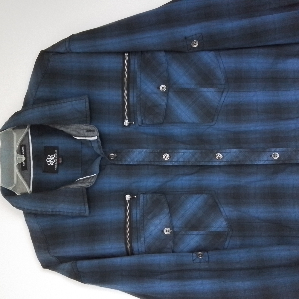 Rock and Republic button up long sleeve blue and black plaid shirt size XXL